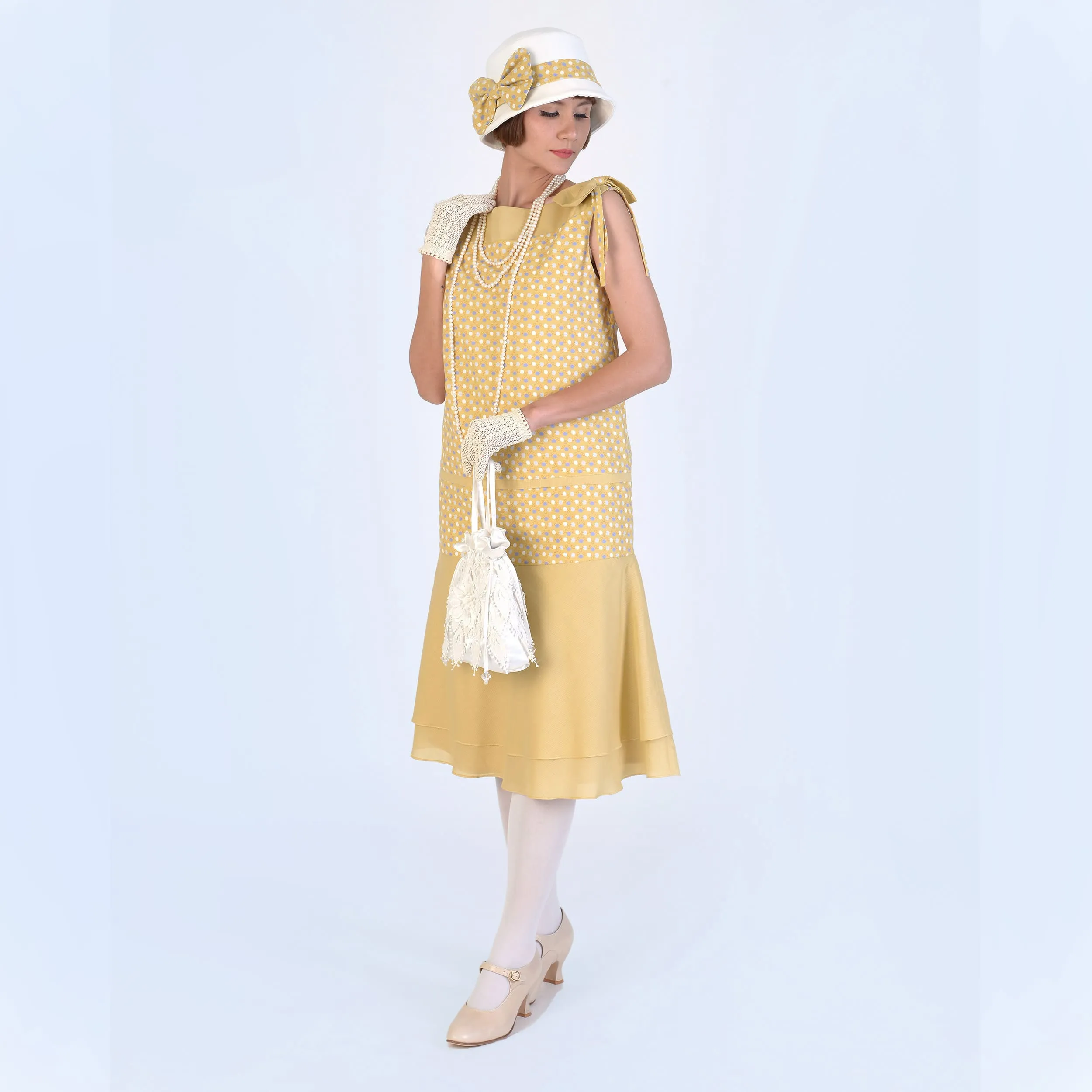 1920s summer party hat in light mustard and off-white cotton