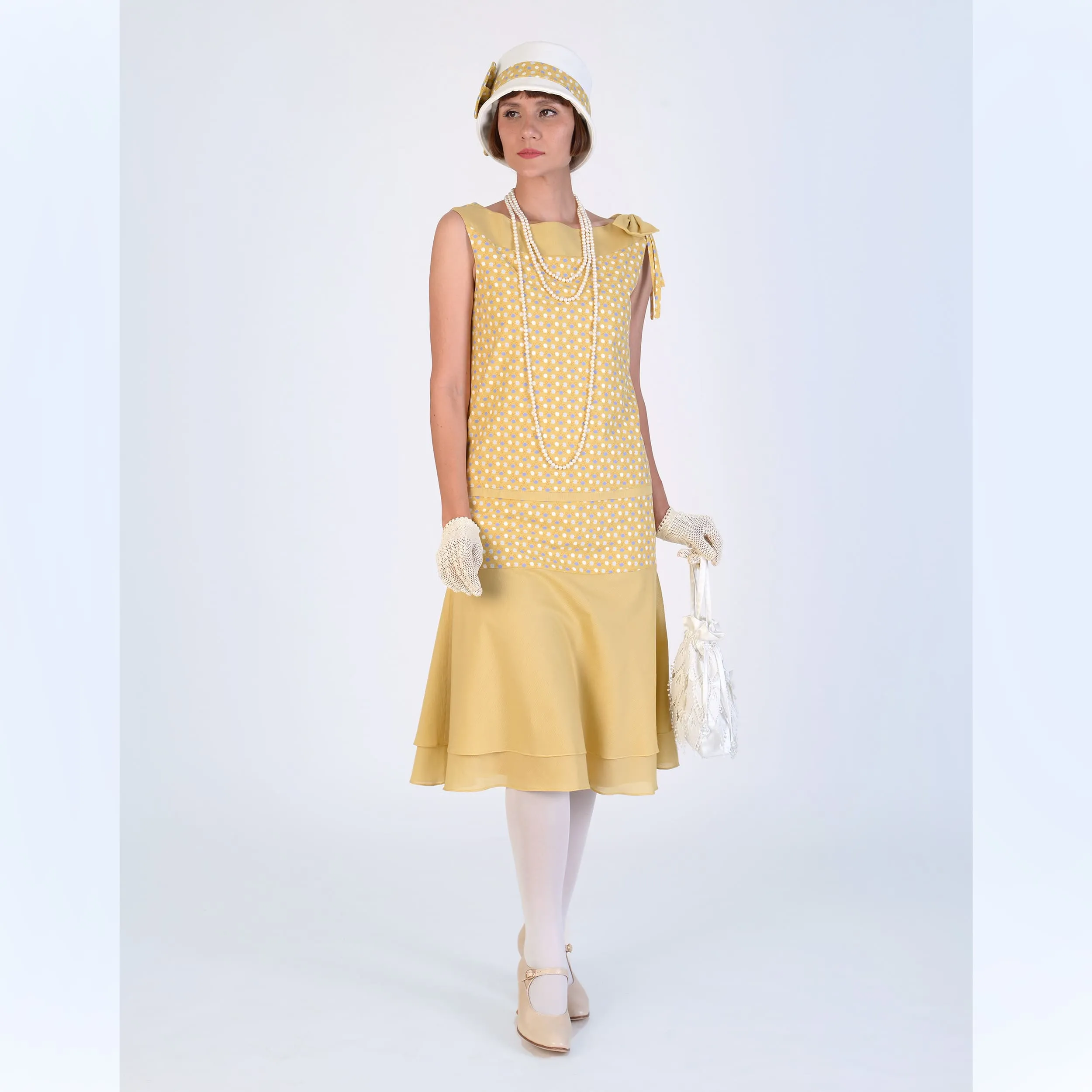 1920s summer party hat in light mustard and off-white cotton