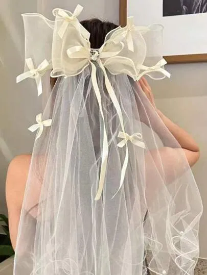 1pc Dark Halloween Ghost Bride Veil, Black & White Bow Headband, Funny Costume For &, Hair Accessory For Women