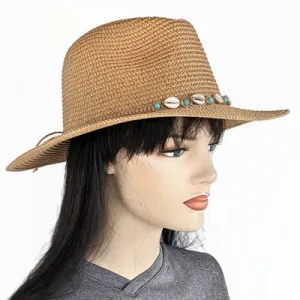 216-a Large Brim fedora in khaki tan with shell trim