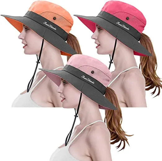 3-Piece: Women's Ponytail Wide Brim Sun Hat