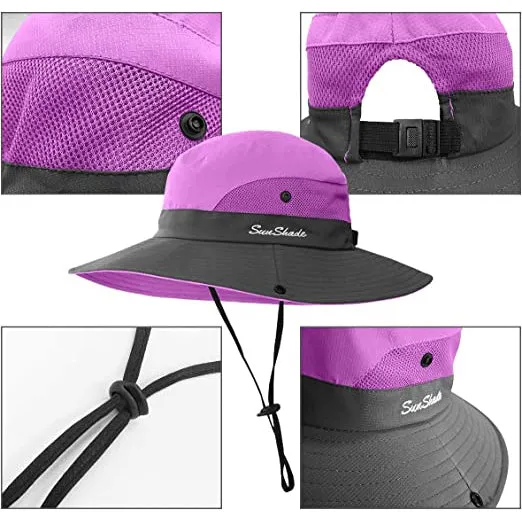 3-Piece: Women's Ponytail Wide Brim Sun Hat