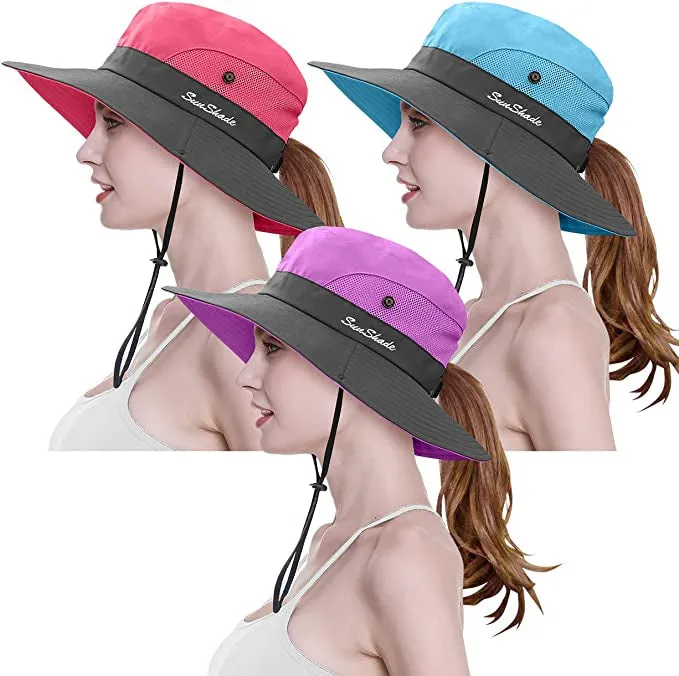 3-Piece: Women's Ponytail Wide Brim Sun Hat