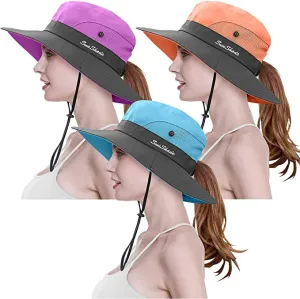 3-Piece: Women's Ponytail Wide Brim Sun Hat