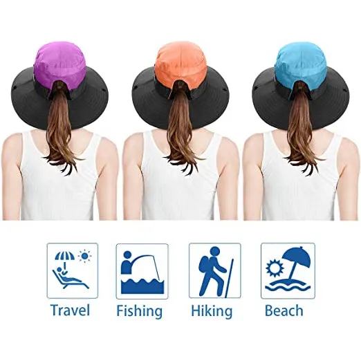 3-Piece: Women's Ponytail Wide Brim Sun Hat