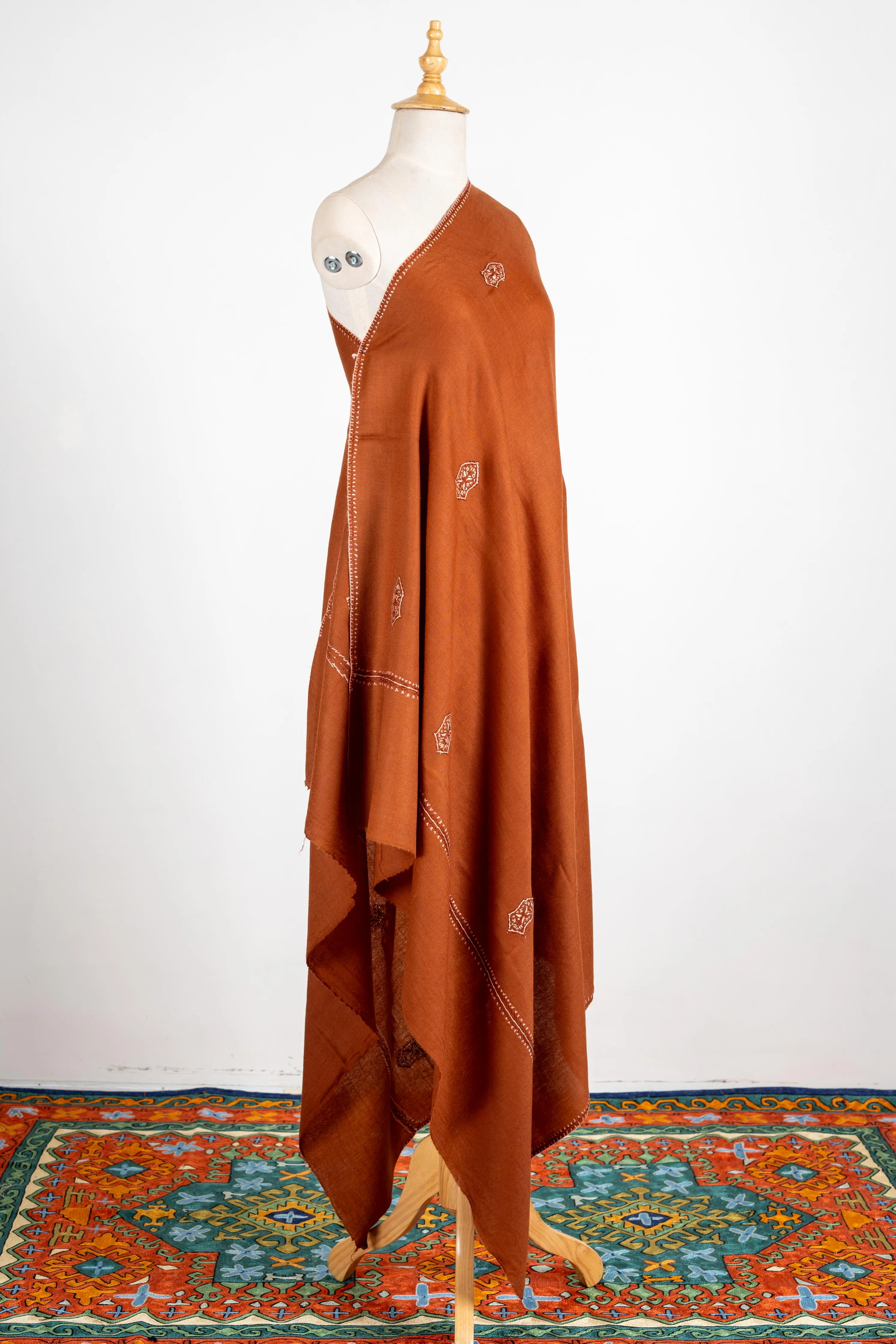 Amber Glow Merino Wool Shawl with Minimal Sozni Embroidery