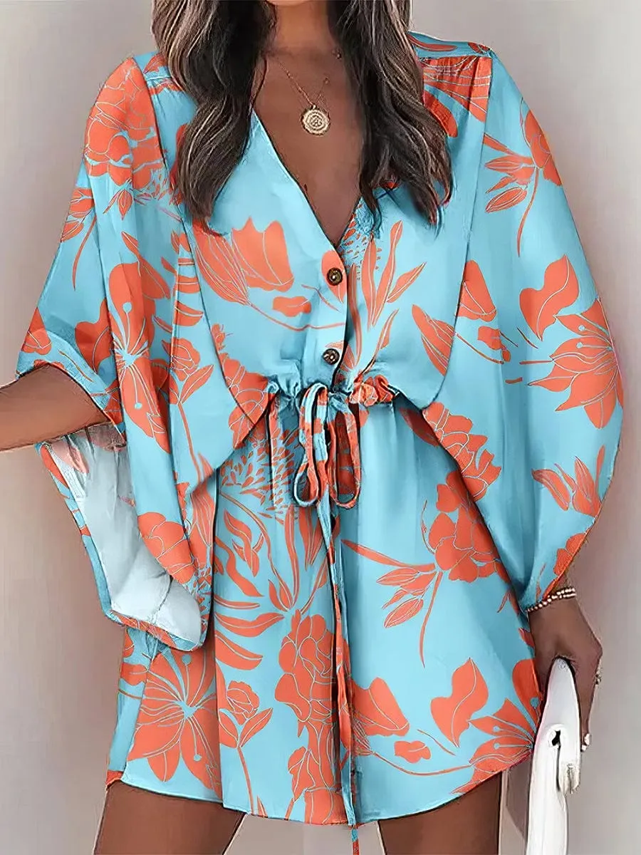 Beach-Ready Mini Dress with V-Neck and Printed Pattern