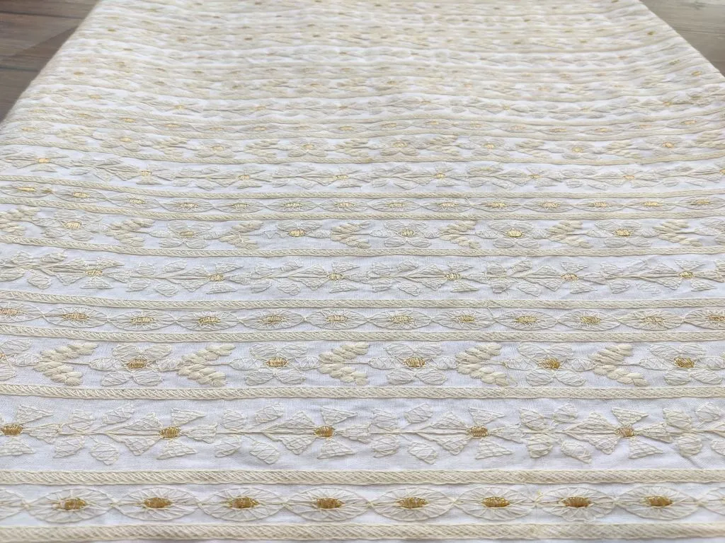 Beige Floral Chikankari Embroidered Cotton Fabric (Wholesale)