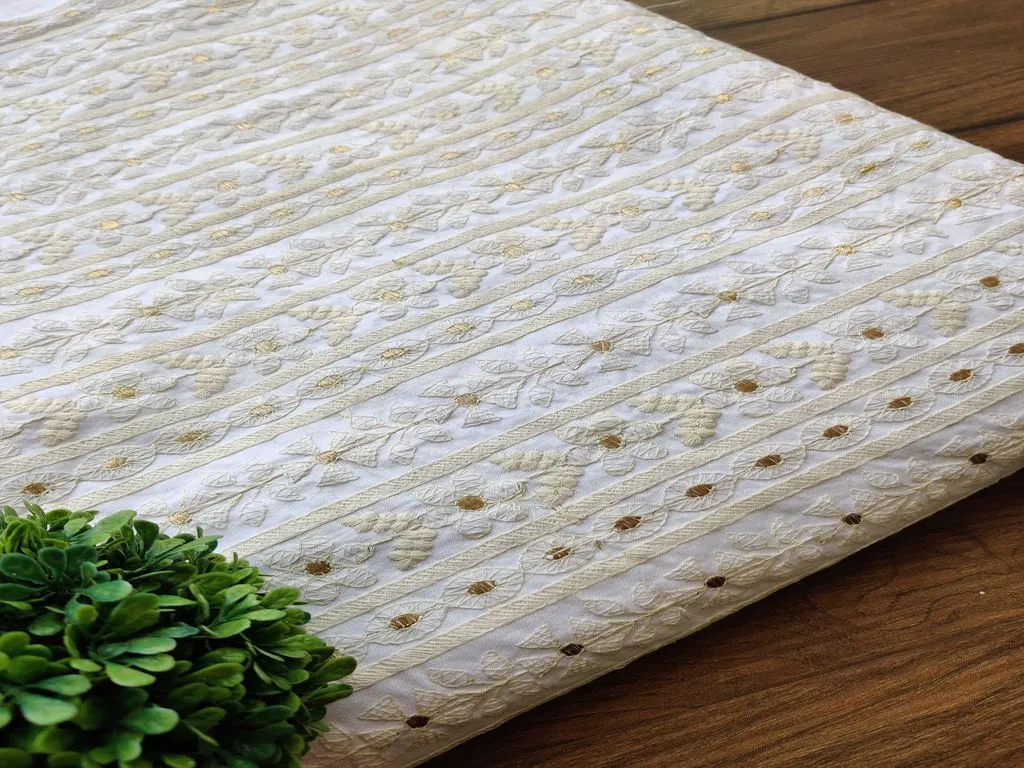 Beige Floral Chikankari Embroidered Cotton Fabric (Wholesale)