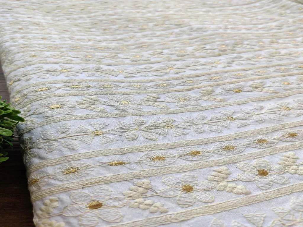 Beige Floral Chikankari Embroidered Cotton Fabric (Wholesale)