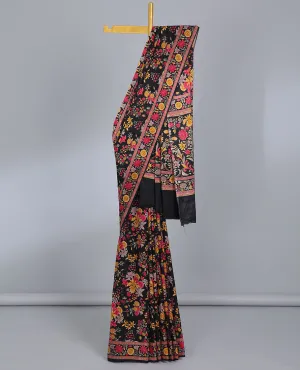 Black floral vine semi-banaras printed saree, floral creeper printed border & floral vine printed pallu