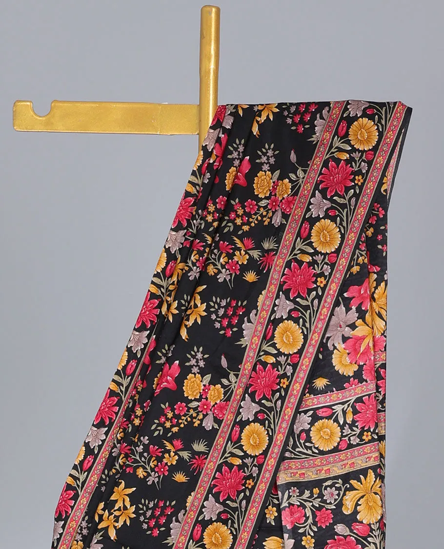 Black floral vine semi-banaras printed saree, floral creeper printed border & floral vine printed pallu