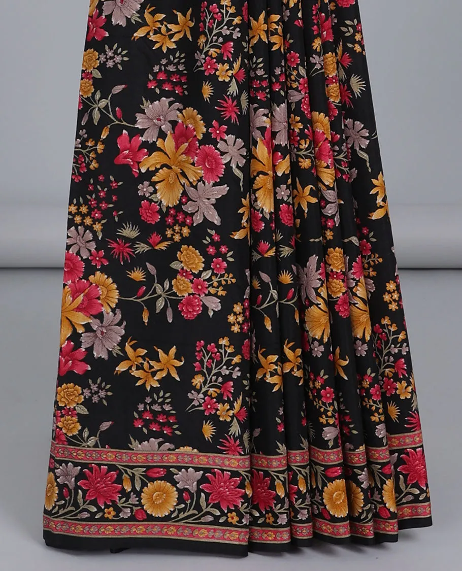 Black floral vine semi-banaras printed saree, floral creeper printed border & floral vine printed pallu