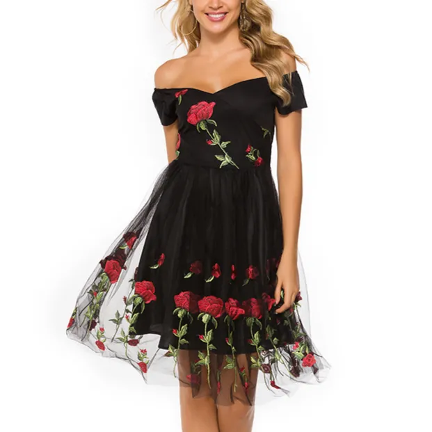 Black Off The Shoulder Flower Embroidered Mini Dress