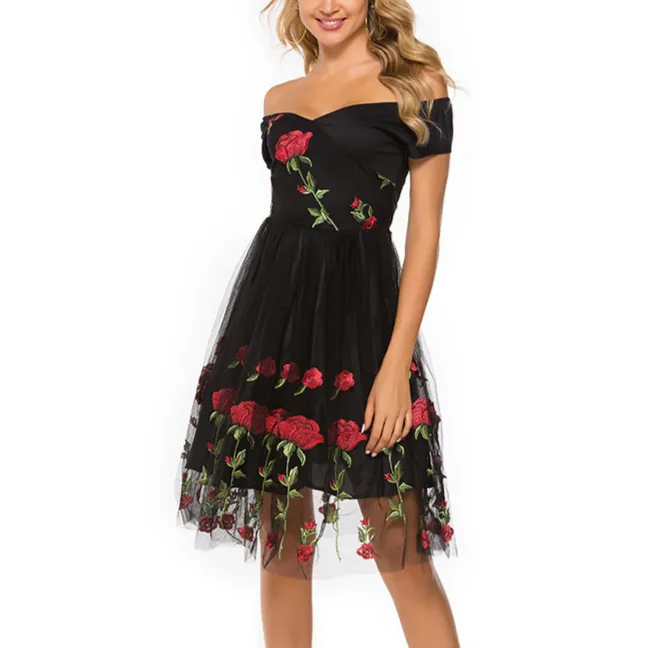 Black Off The Shoulder Flower Embroidered Mini Dress
