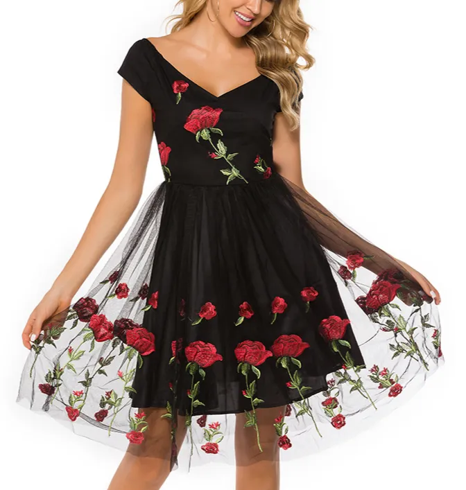 Black Off The Shoulder Flower Embroidered Mini Dress