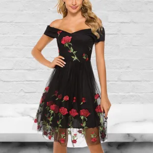 Black Off The Shoulder Flower Embroidered Mini Dress