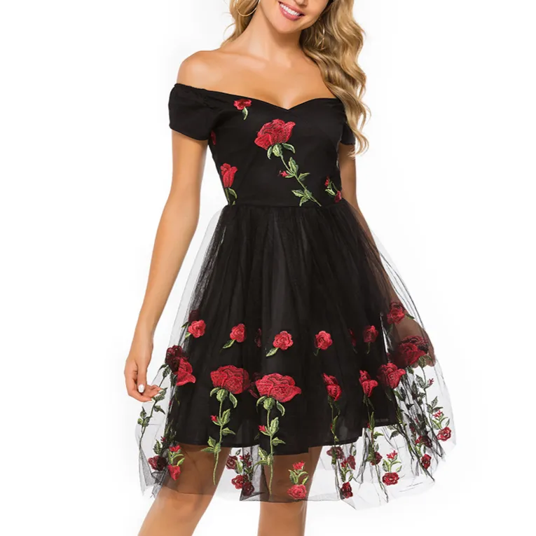 Black Off The Shoulder Flower Embroidered Mini Dress