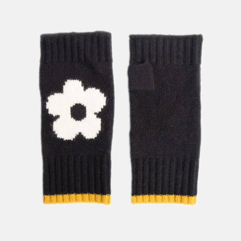 Black/Cream Flower Cashmere Wrist Warmers