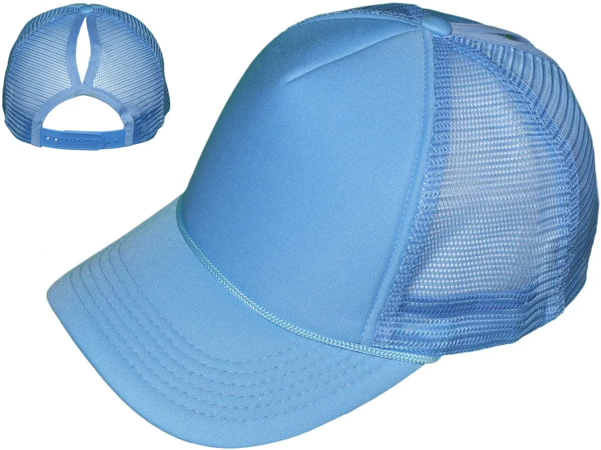 Blank Ponytail Foam Trucker Hats - 5 Panel BK Caps Vintage