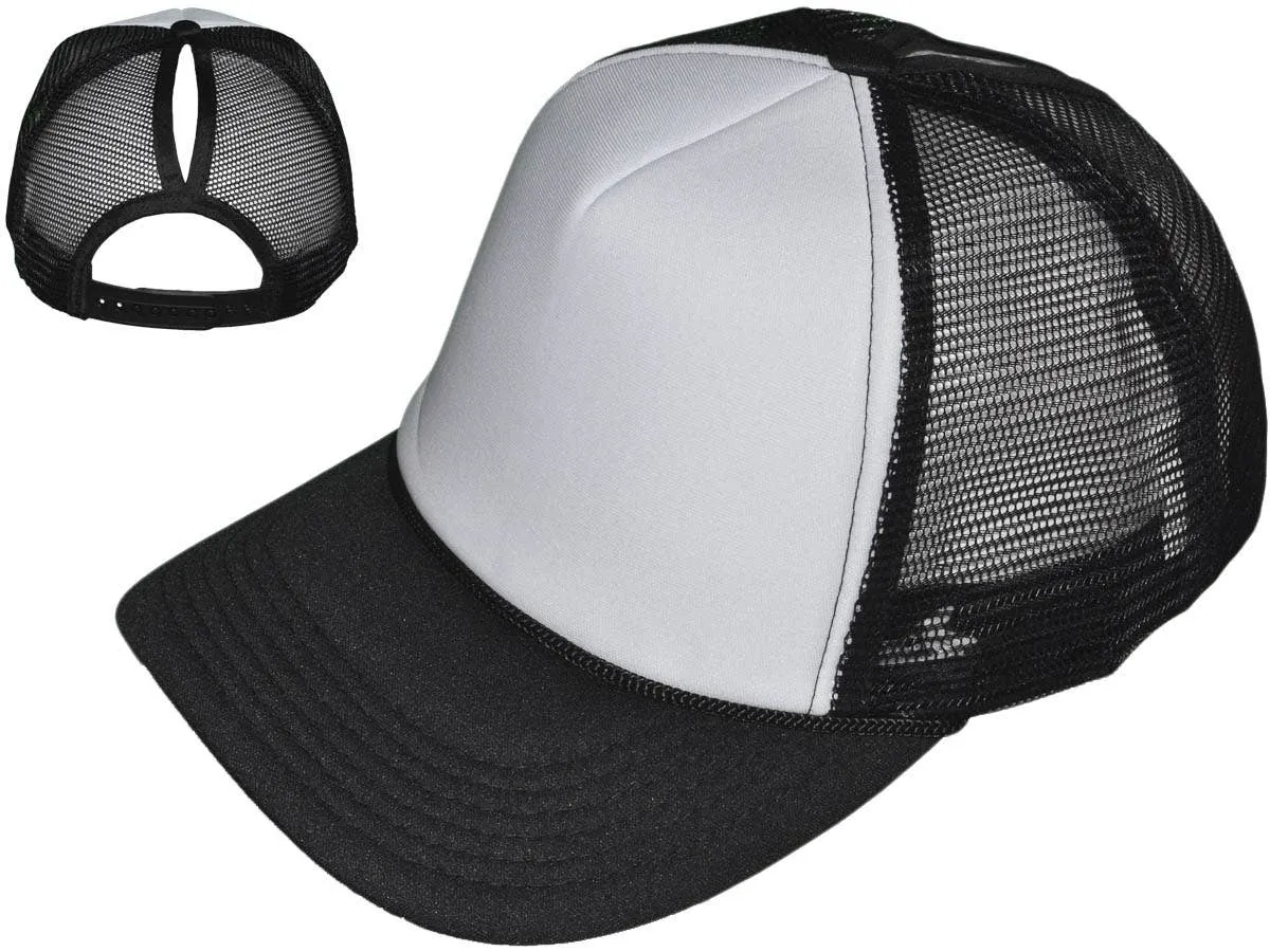 Blank Ponytail Foam Trucker Hats - 5 Panel BK Caps Vintage
