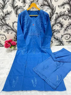 Blue Chikankari Bliss Combo: Dyeable Pure Cotton Kurti & Palazzo Set