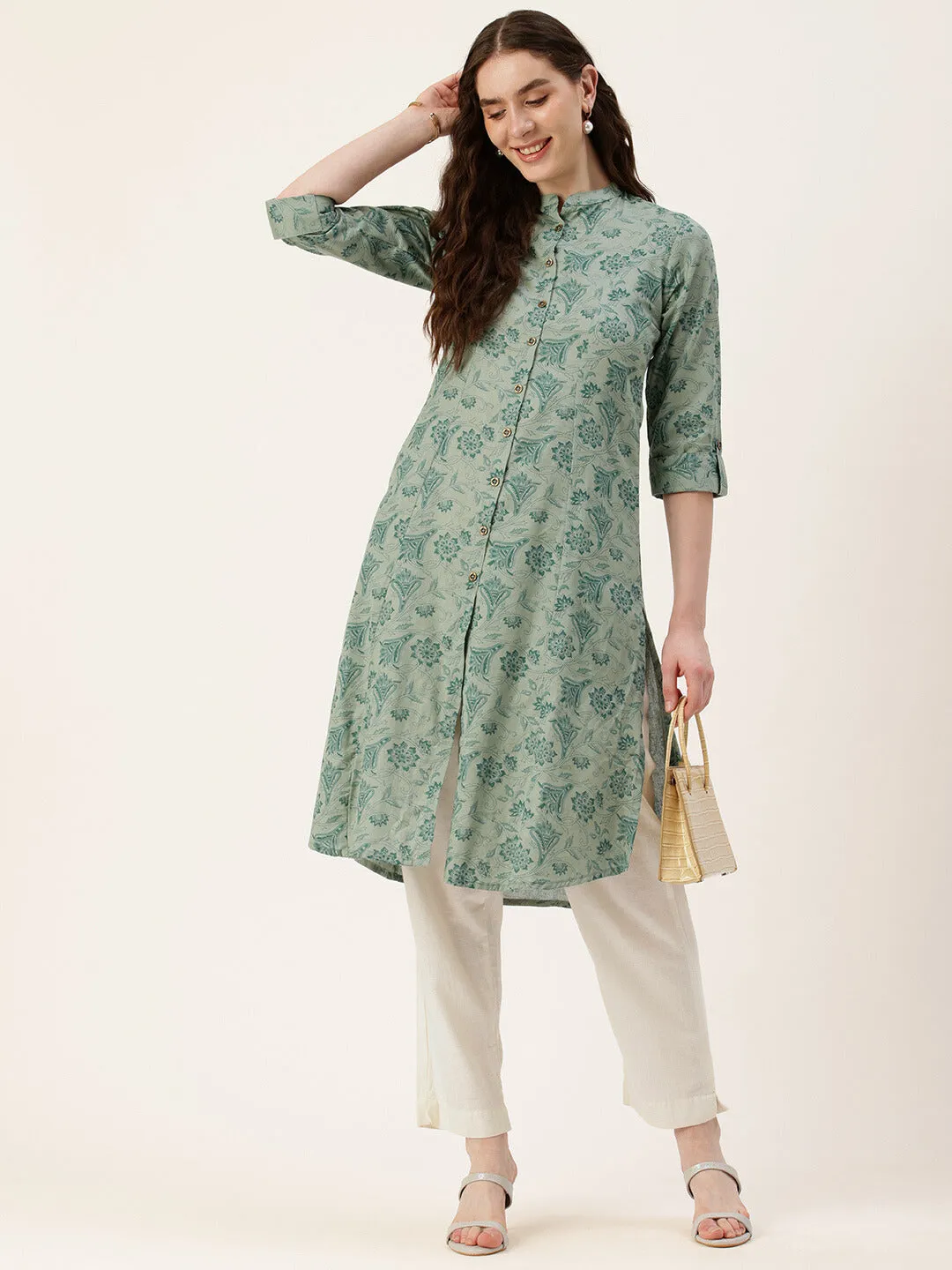Blue Floral Printed Mandarin Collar Kurta