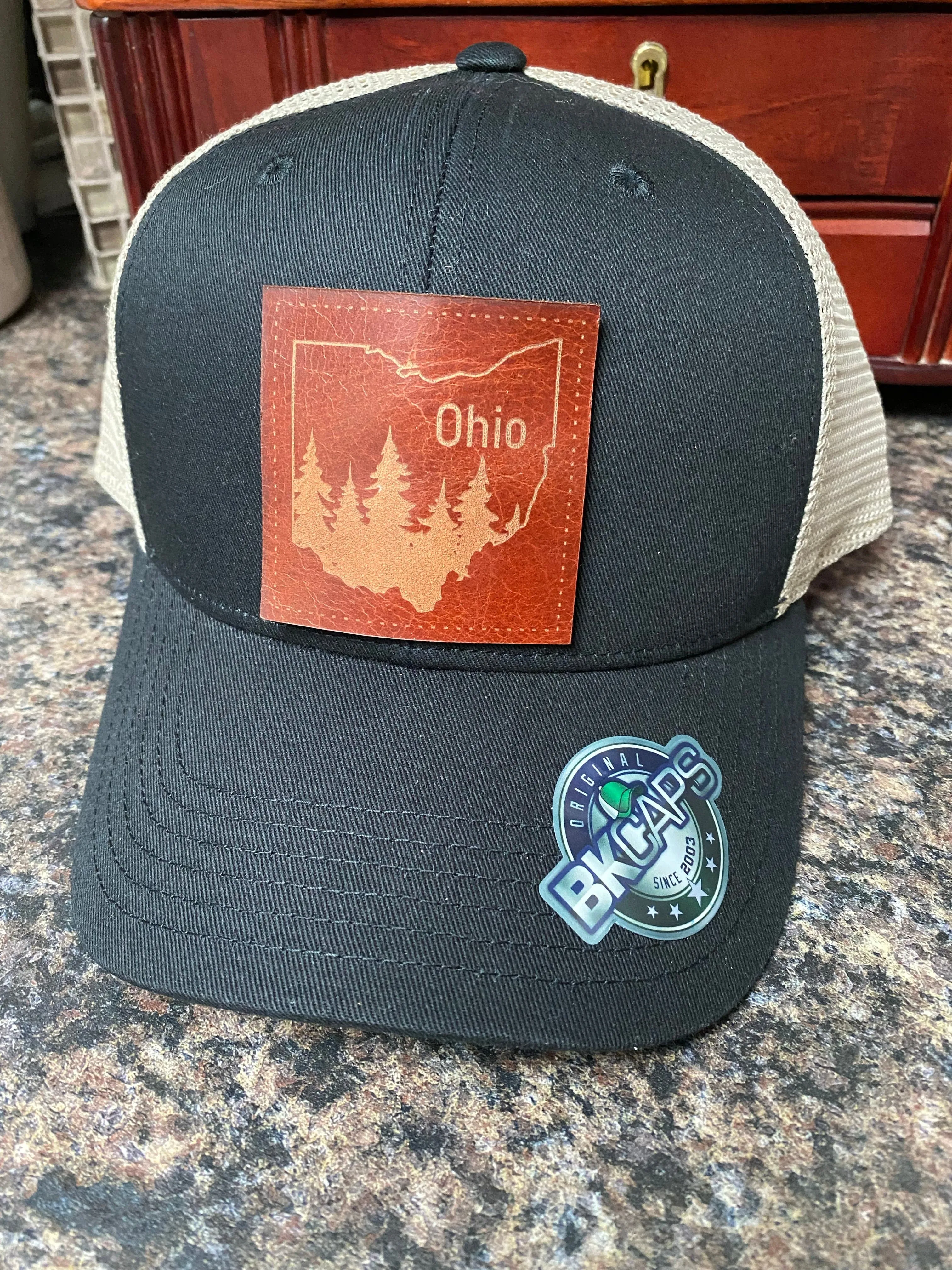 Custom Leather Patch Hat. Ohio Leather Truck Hat. Laser Engraved Patch Hat.