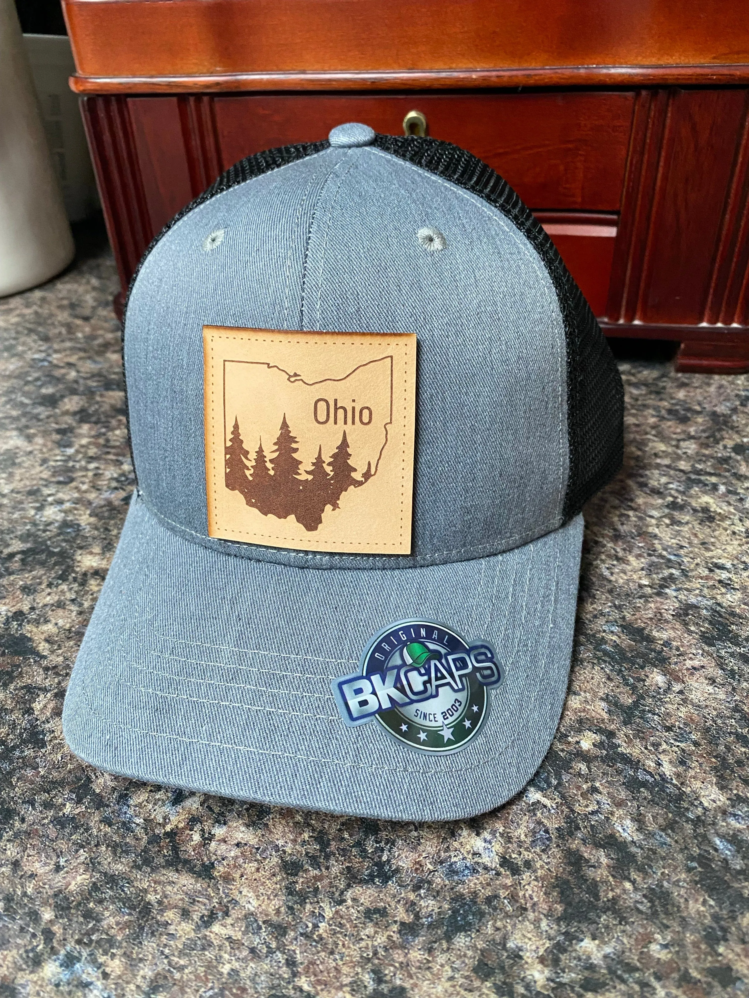 Custom Leather Patch Hat. Ohio Leather Truck Hat. Laser Engraved Patch Hat.