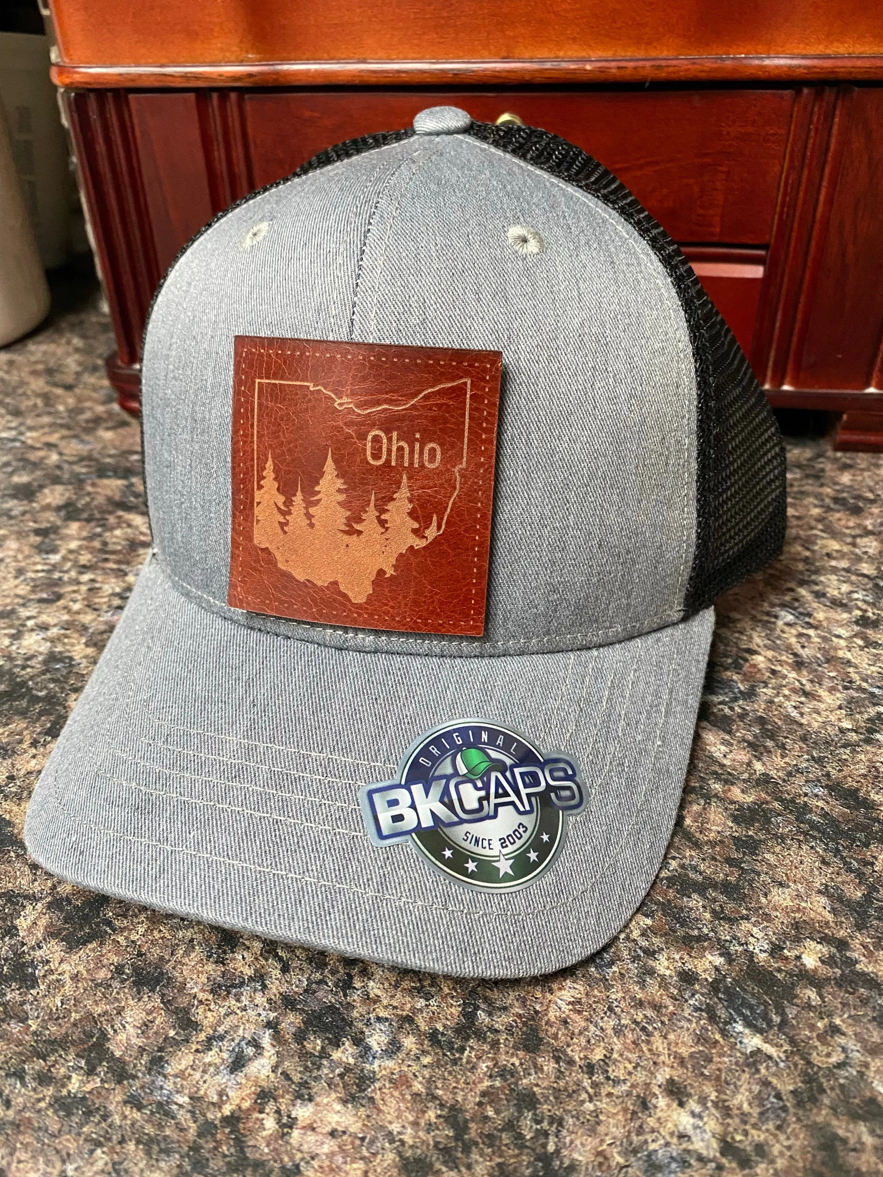 Custom Leather Patch Hat. Ohio Leather Truck Hat. Laser Engraved Patch Hat.