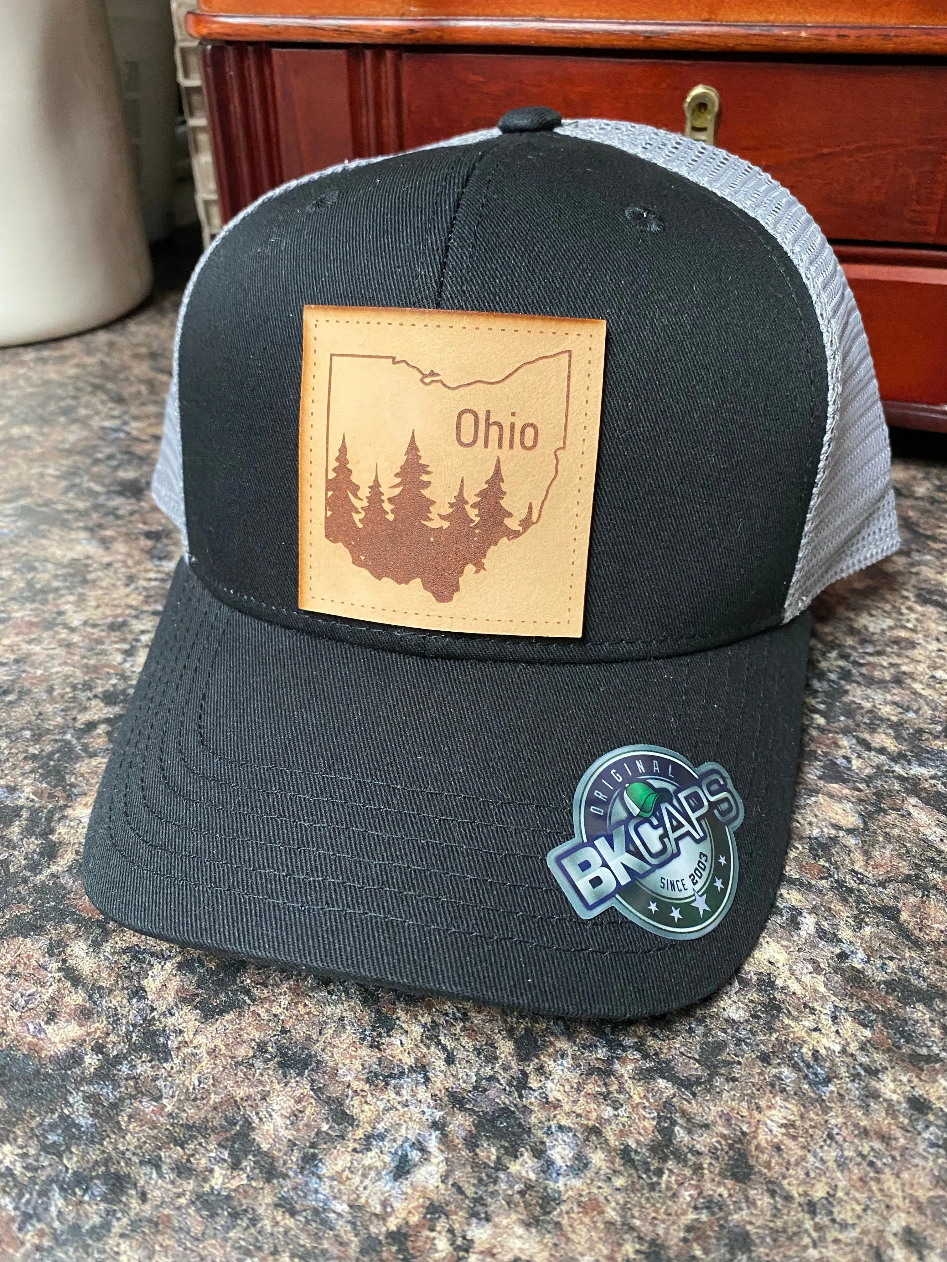 Custom Leather Patch Hat. Ohio Leather Truck Hat. Laser Engraved Patch Hat.