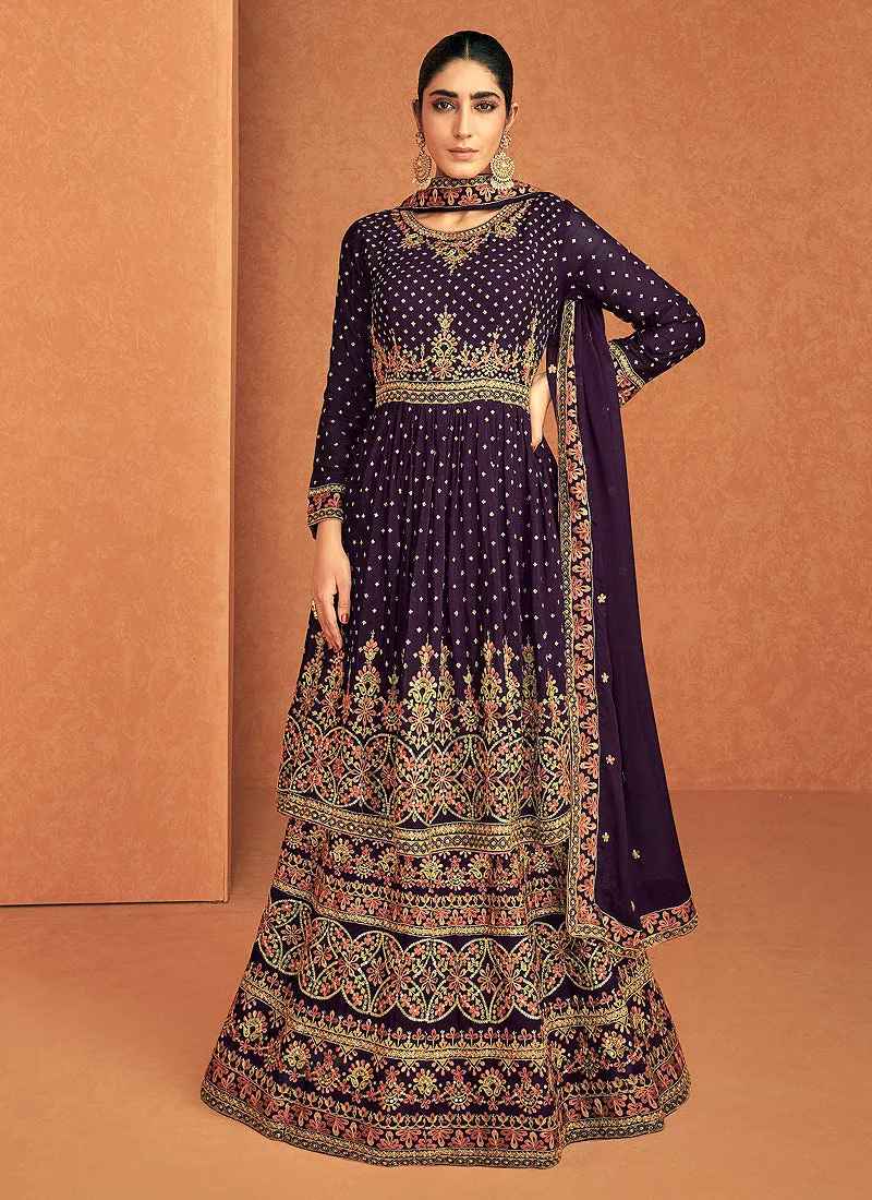Deep Purple Embroidered Peplum Kurti Lehenga