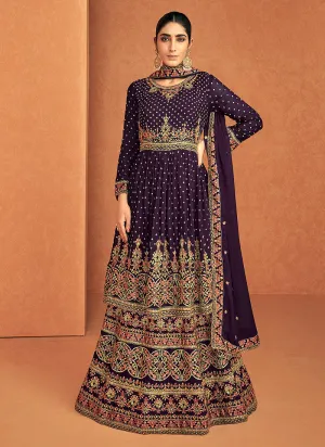 Deep Purple Embroidered Peplum Kurti Lehenga