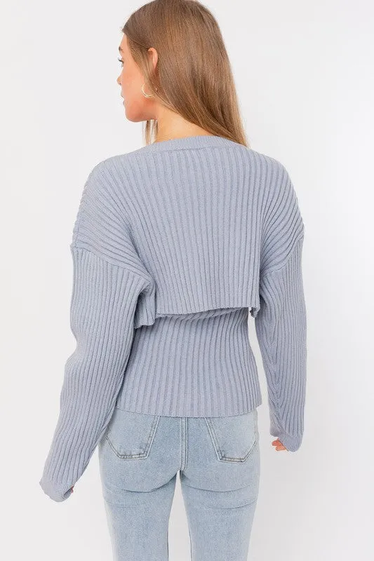 Dusty Blue Button Front Sweater Tube Top Cardigan