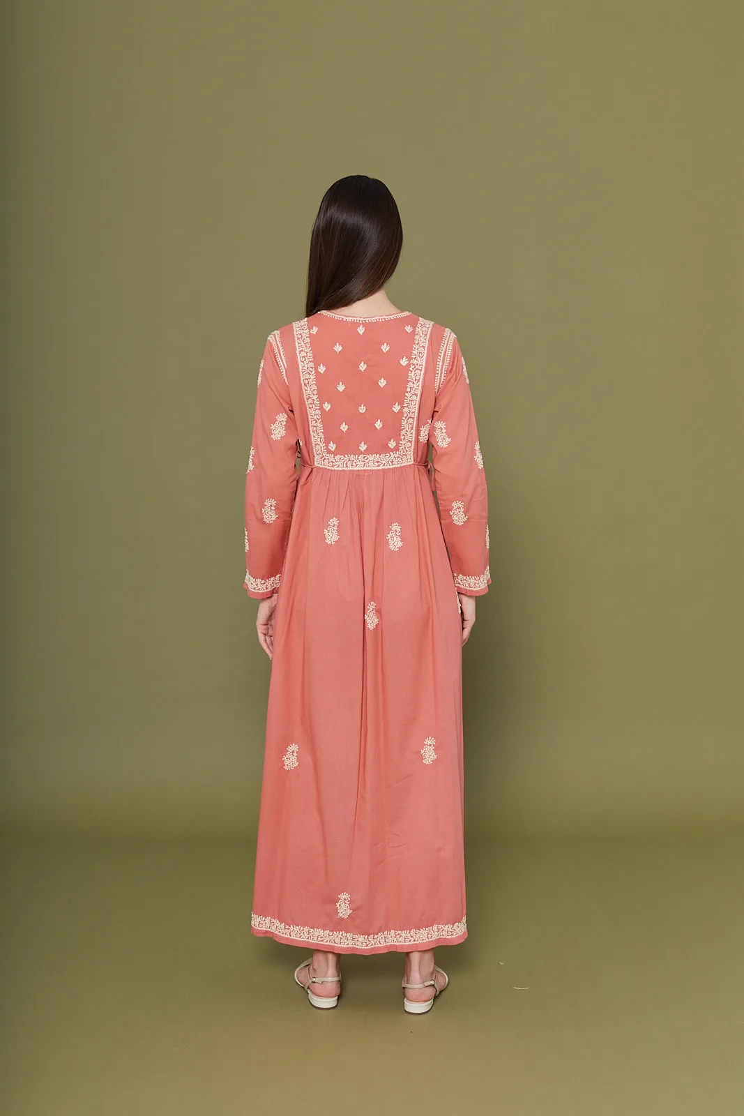 Embroidered Chikankari Kaftan in Desert Flower