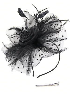 Feather Flower Bridal Headband Vintage Mesh Fascinator Headwear For Racehorse Events, Wedding Hair Accessories Street