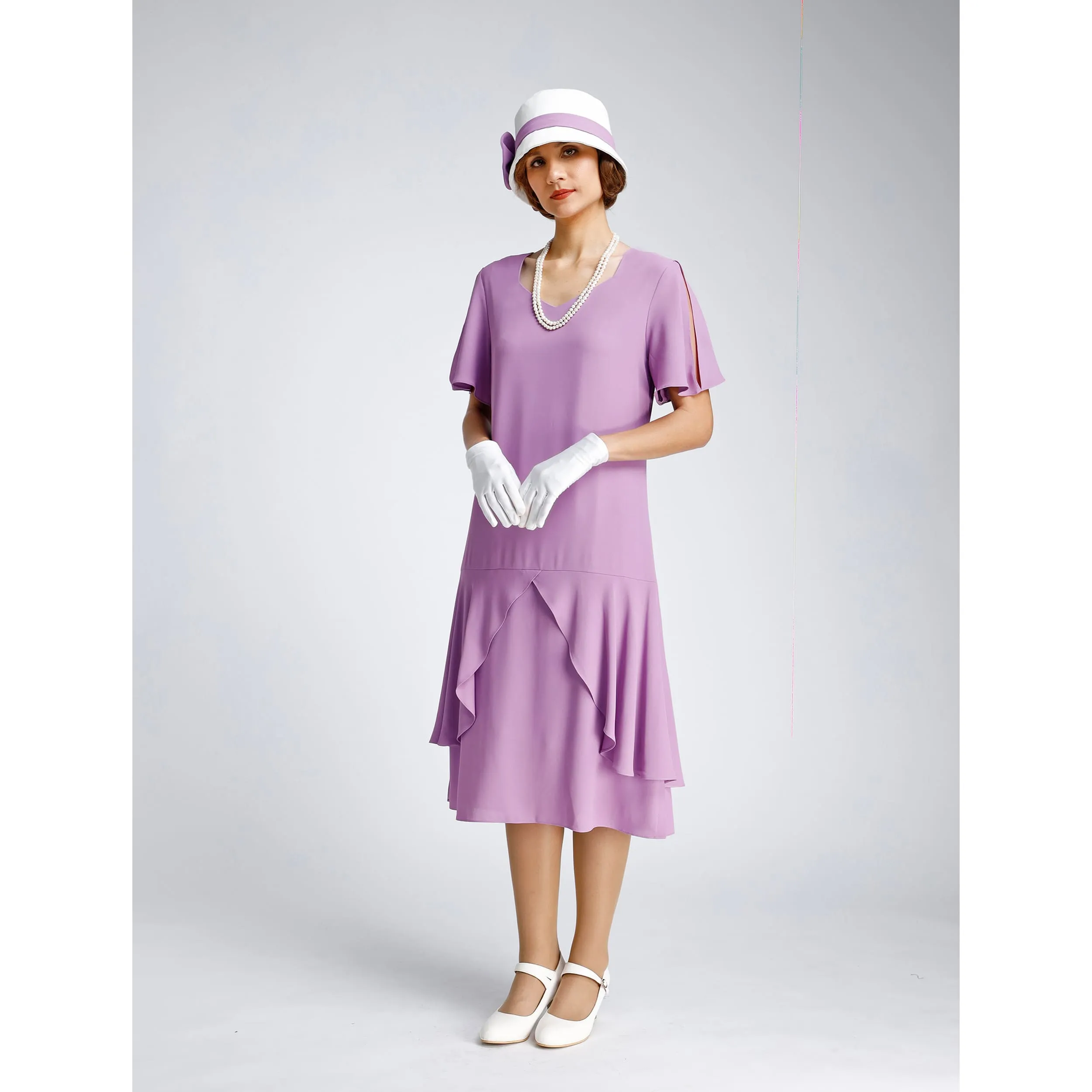 Great Gatsby hat with off-white cotton and lavender ribbon