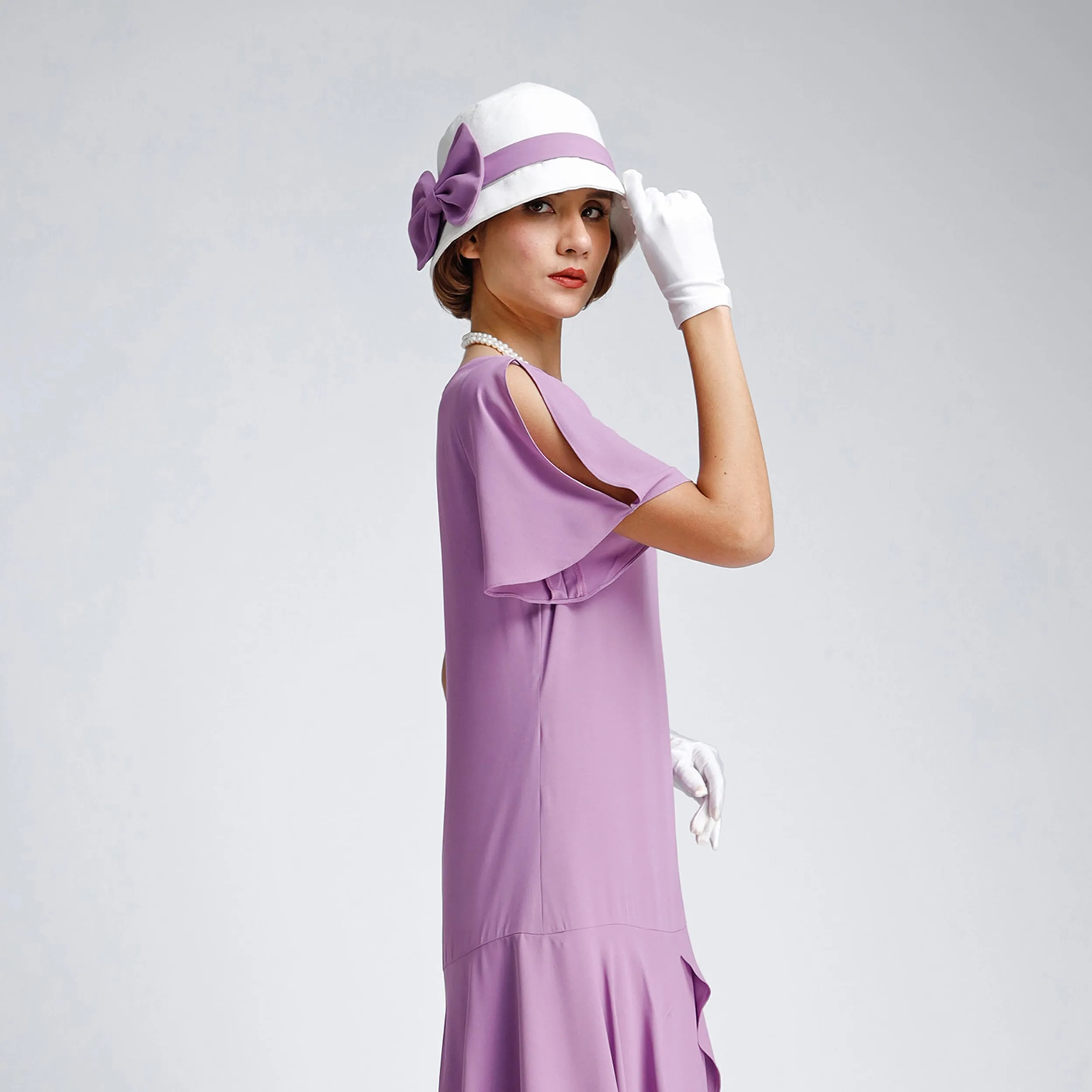 Great Gatsby hat with off-white cotton and lavender ribbon