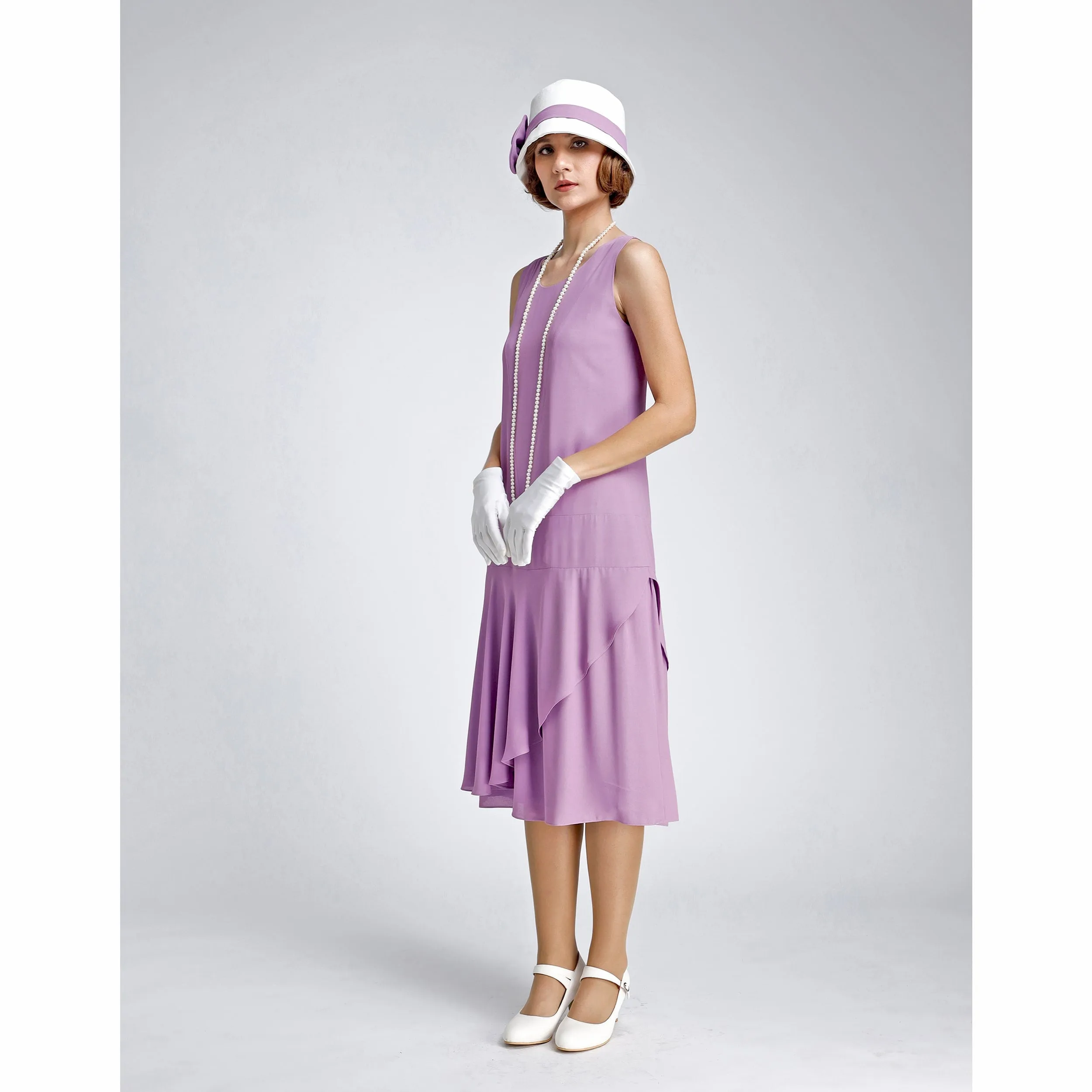 Great Gatsby hat with off-white cotton and lavender ribbon