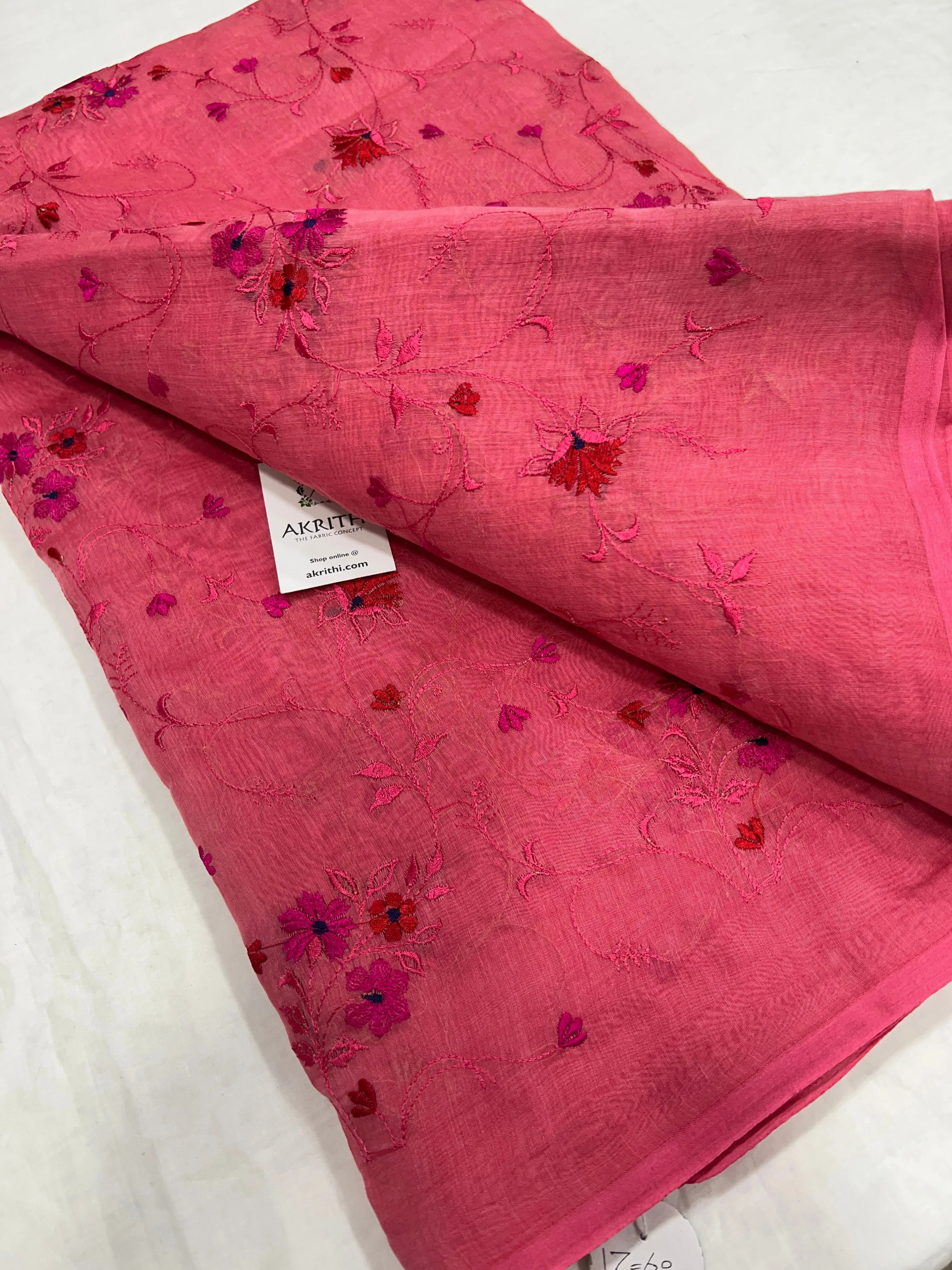 HANDLOOM MUL CHANDERI EMBROIDERED FABRIC 50 cms cut