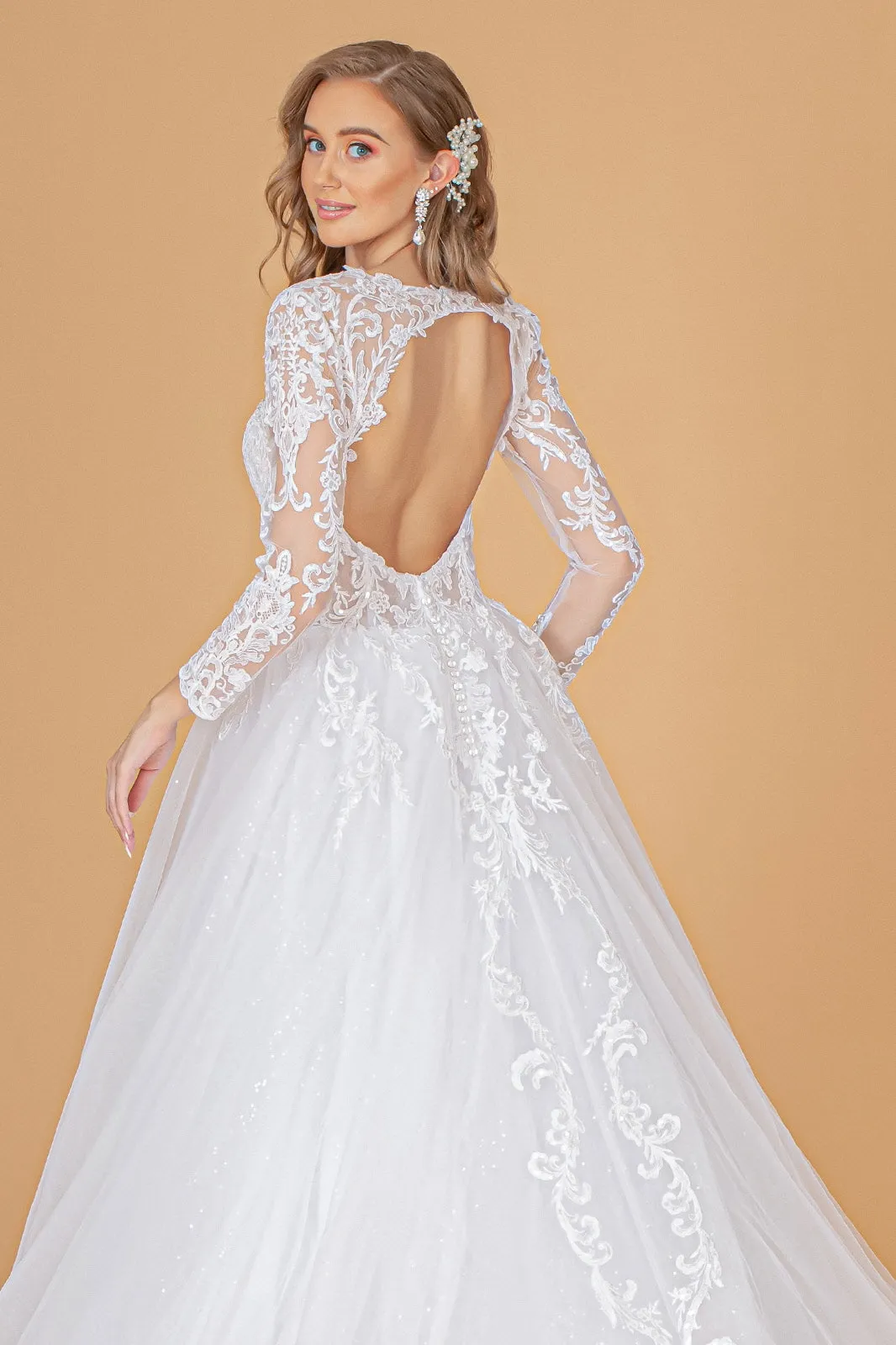 Illusion V-Neck Embroidered Mesh w/ Sequin Lining Long Wedding Dress GLGL1804