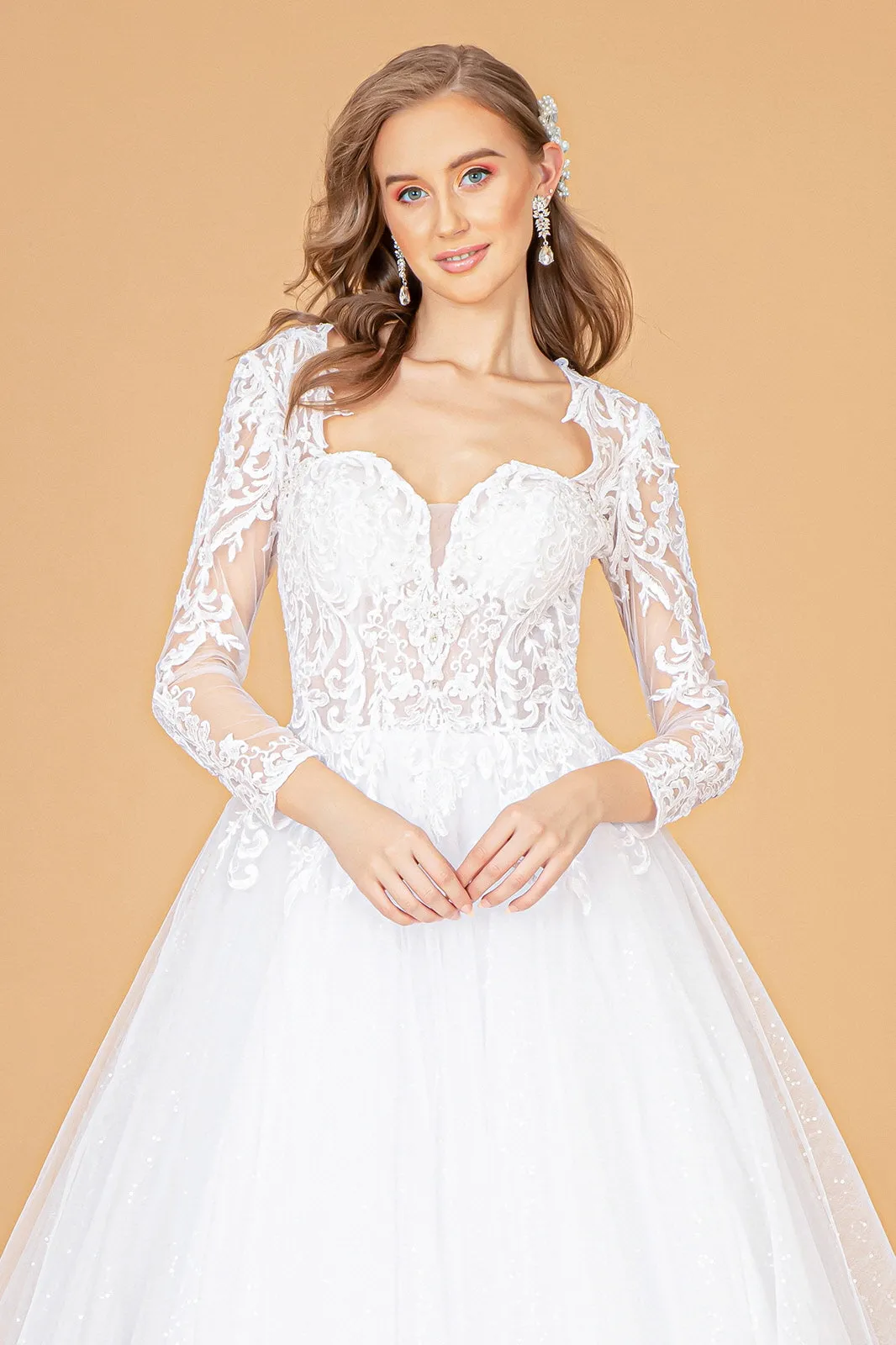 Illusion V-Neck Embroidered Mesh w/ Sequin Lining Long Wedding Dress GLGL1804
