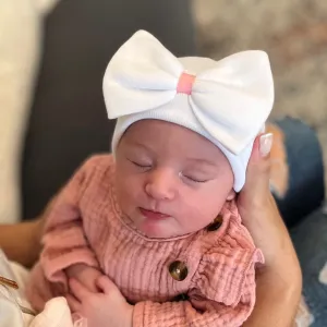 ilybean White Big Bow with Pink Ribbon Newborn Girl Hospital Hat - White Hospital Hat Newborn