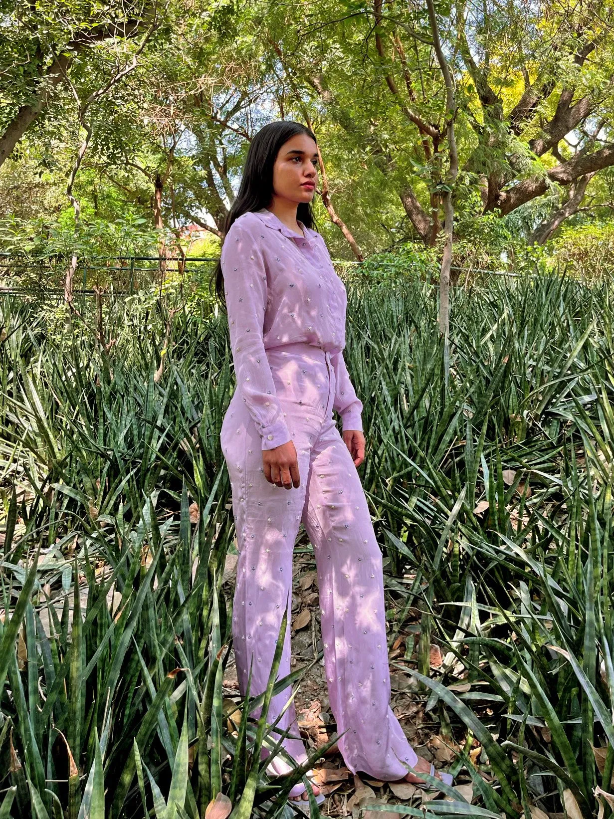 Lavender Crepe Shirt with Hand Embroidery