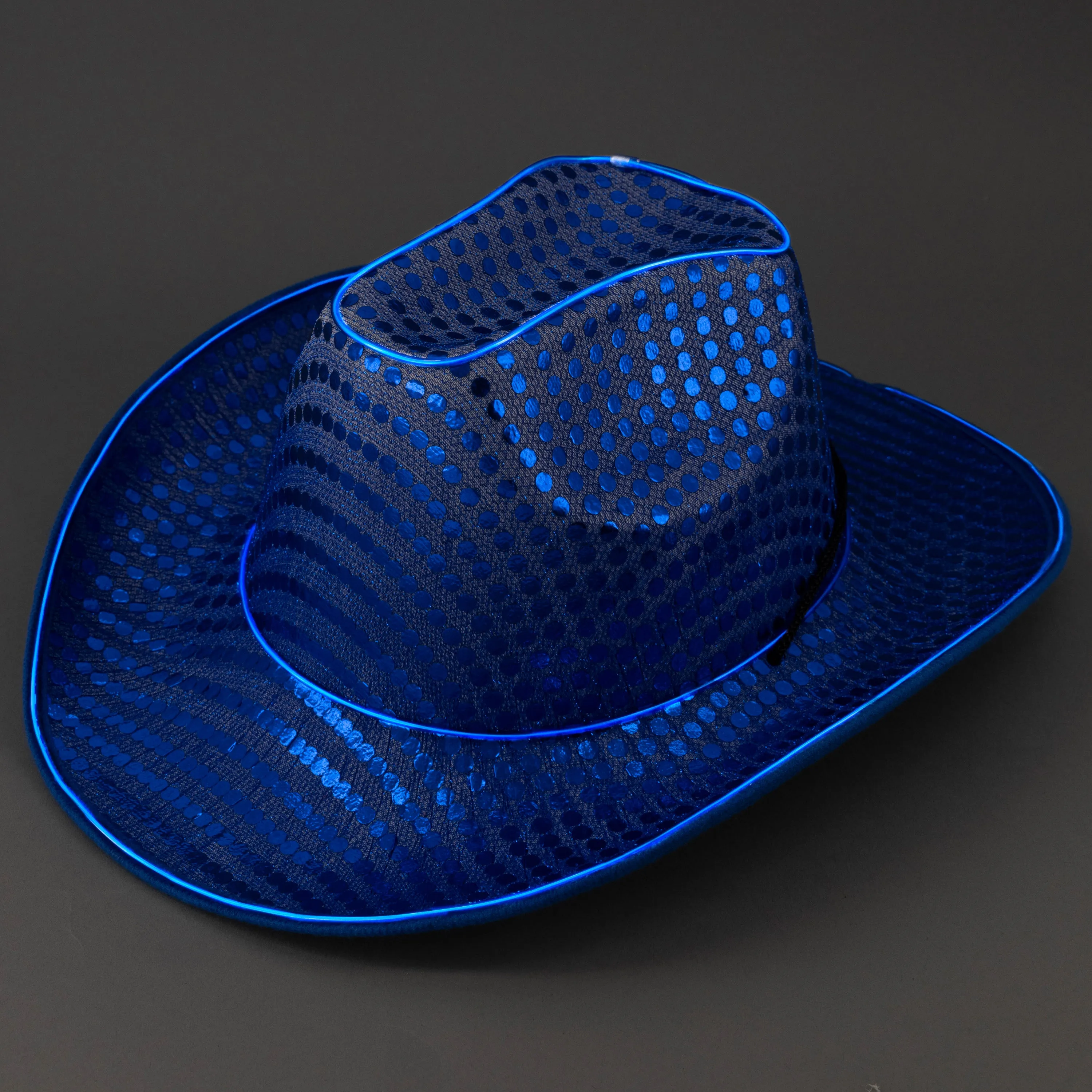 LED Flashing EL Wire Blue Sequin Cowboy Party Hat - Pack of 72 Hats