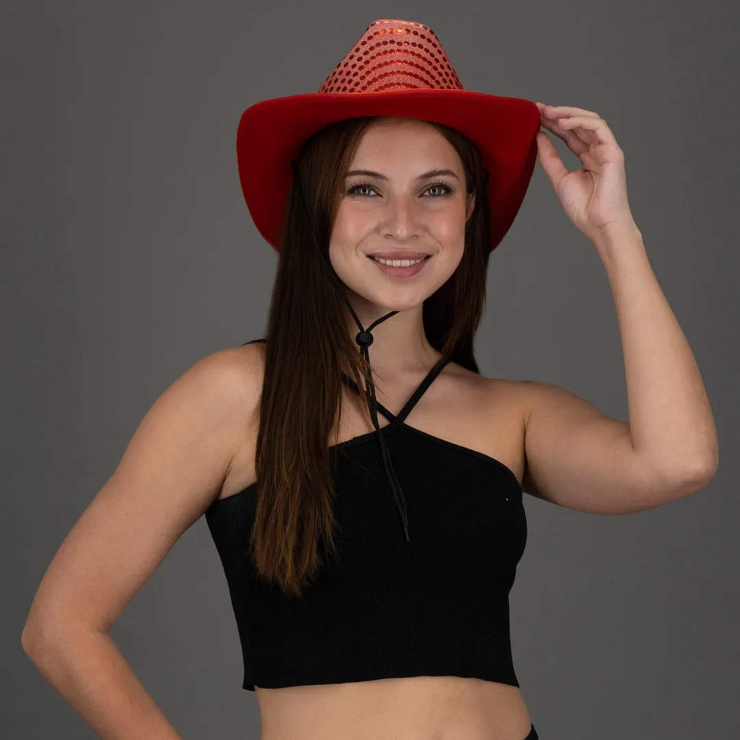 LED Flashing Red EL Wire Sequin Cowboy Party Hat - Pack of 36 Hats