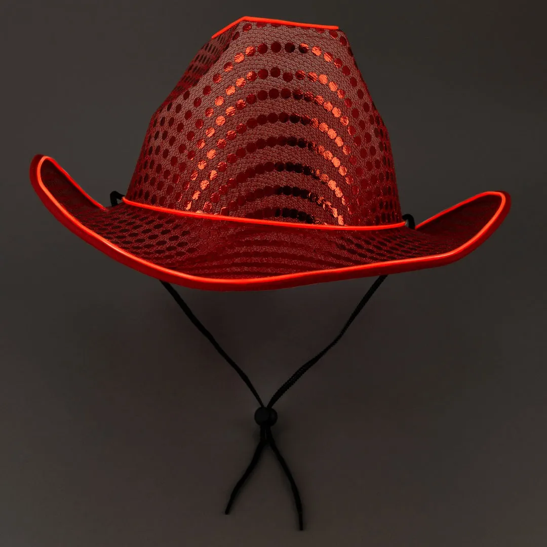 LED Flashing Red EL Wire Sequin Cowboy Party Hat - Pack of 36 Hats