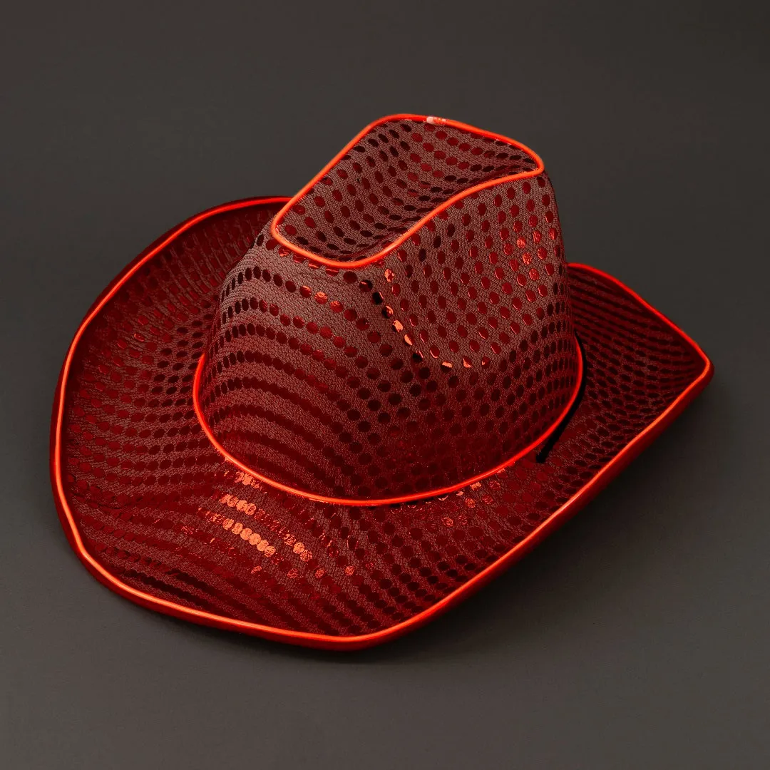 LED Flashing Red EL Wire Sequin Cowboy Party Hat - Pack of 36 Hats