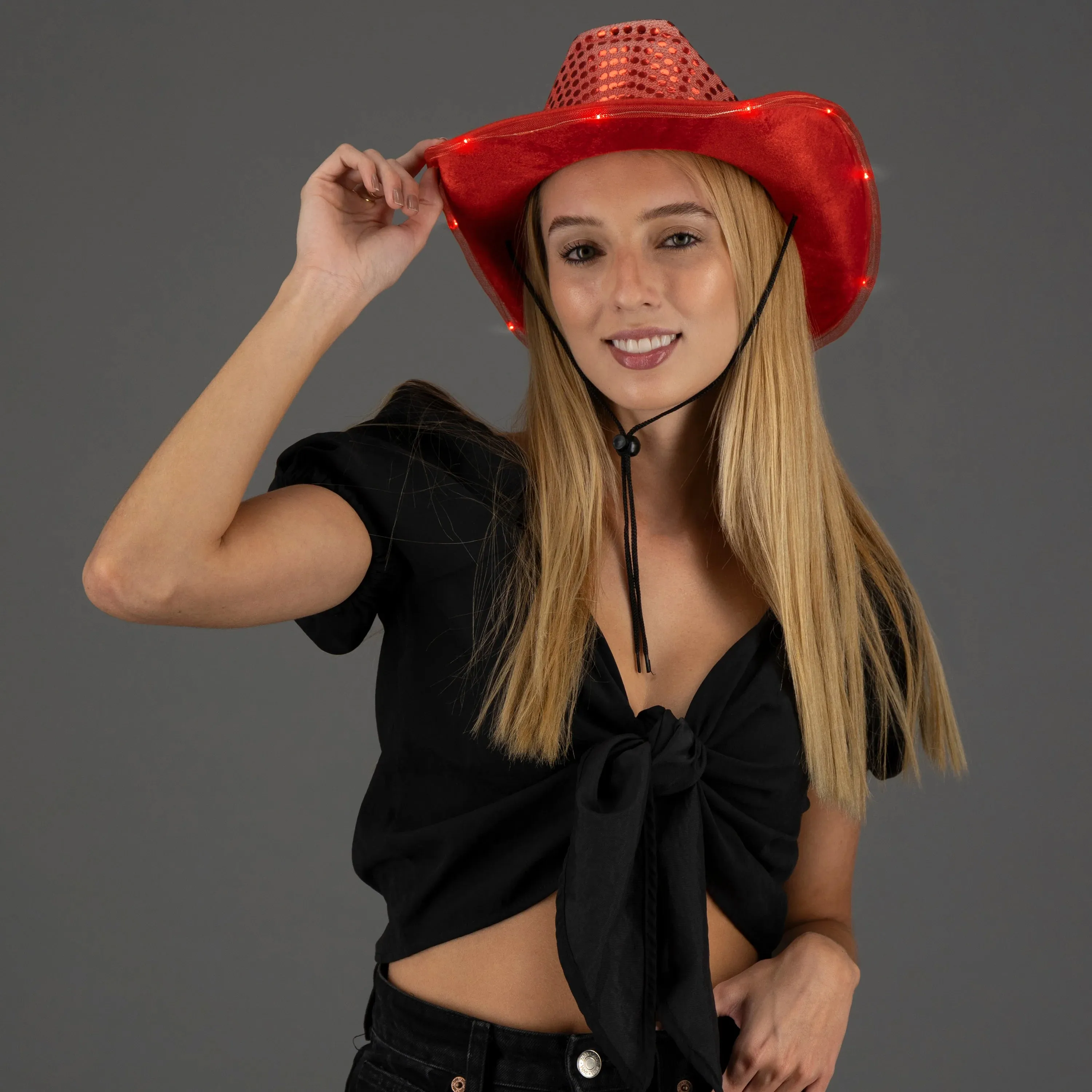 LED Light Up Flashing Sequin Black & Red Cowboy Hat - Pack of 2 Hats