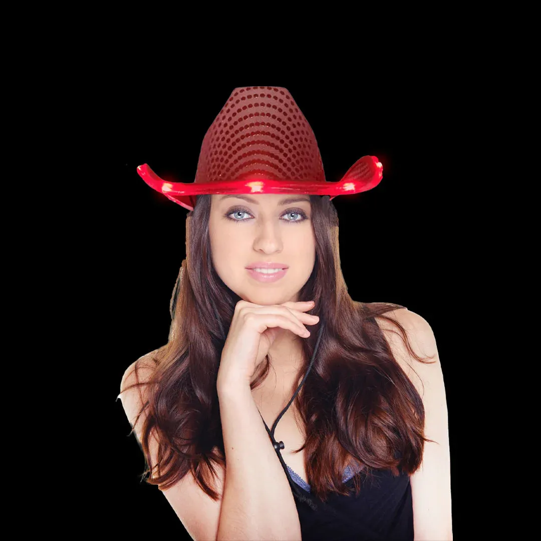 LED Light Up Flashing Sequin Black & Red Cowboy Hat - Pack of 2 Hats